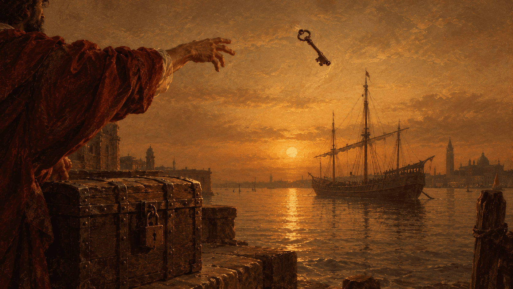 A hand dropping a key into the lagoon above a locked chest