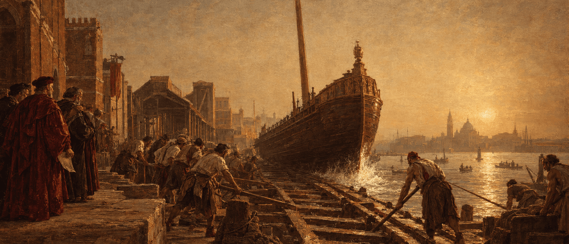 A galley sliding down the slipway of the Venetian Arsenale into the lagoon