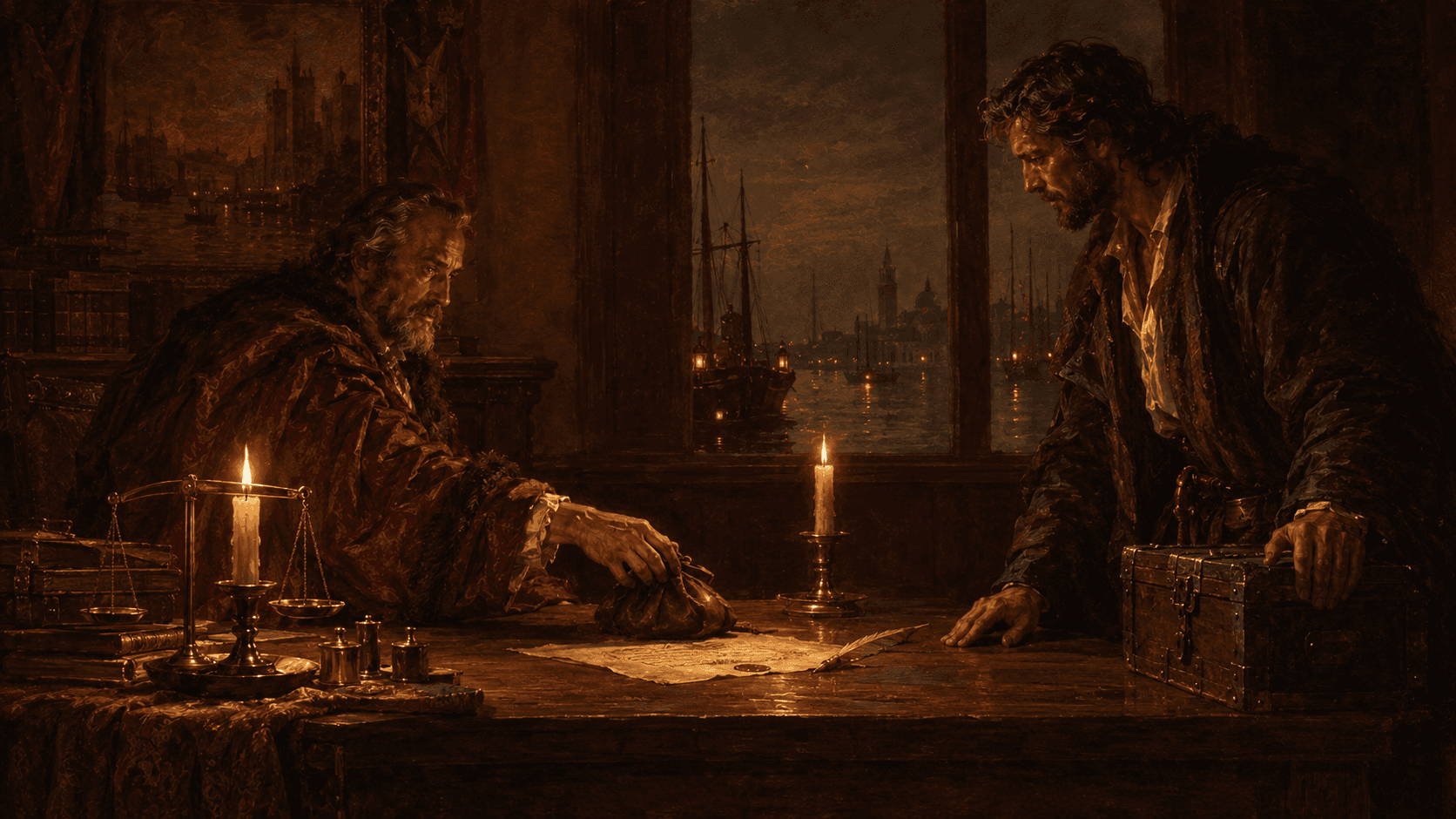 Two merchants signing a contract by candlelight