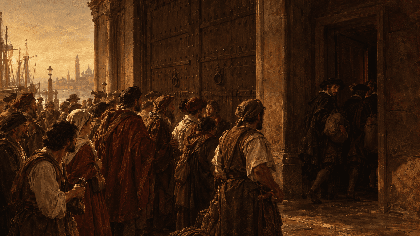 A crowd waiting at a closed city gate while three men pass through a side door